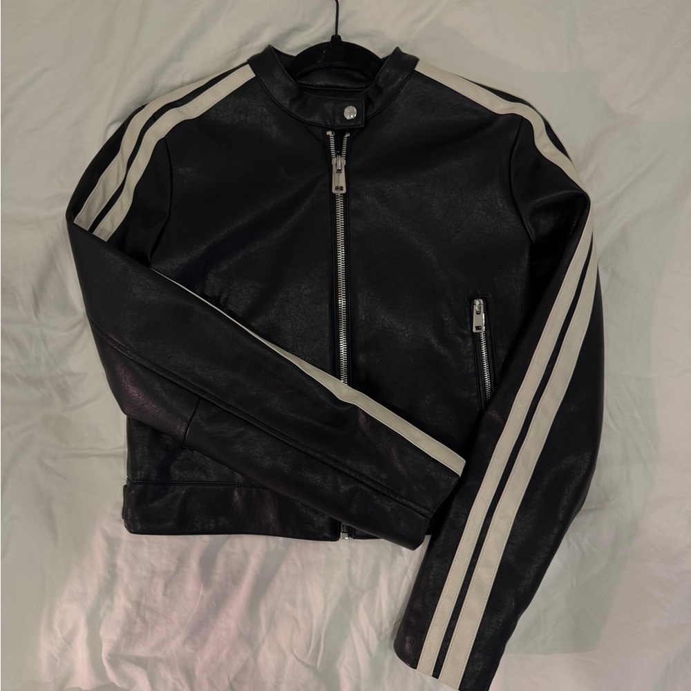 MANGO Black Leather Moto Jacket with White Stripes